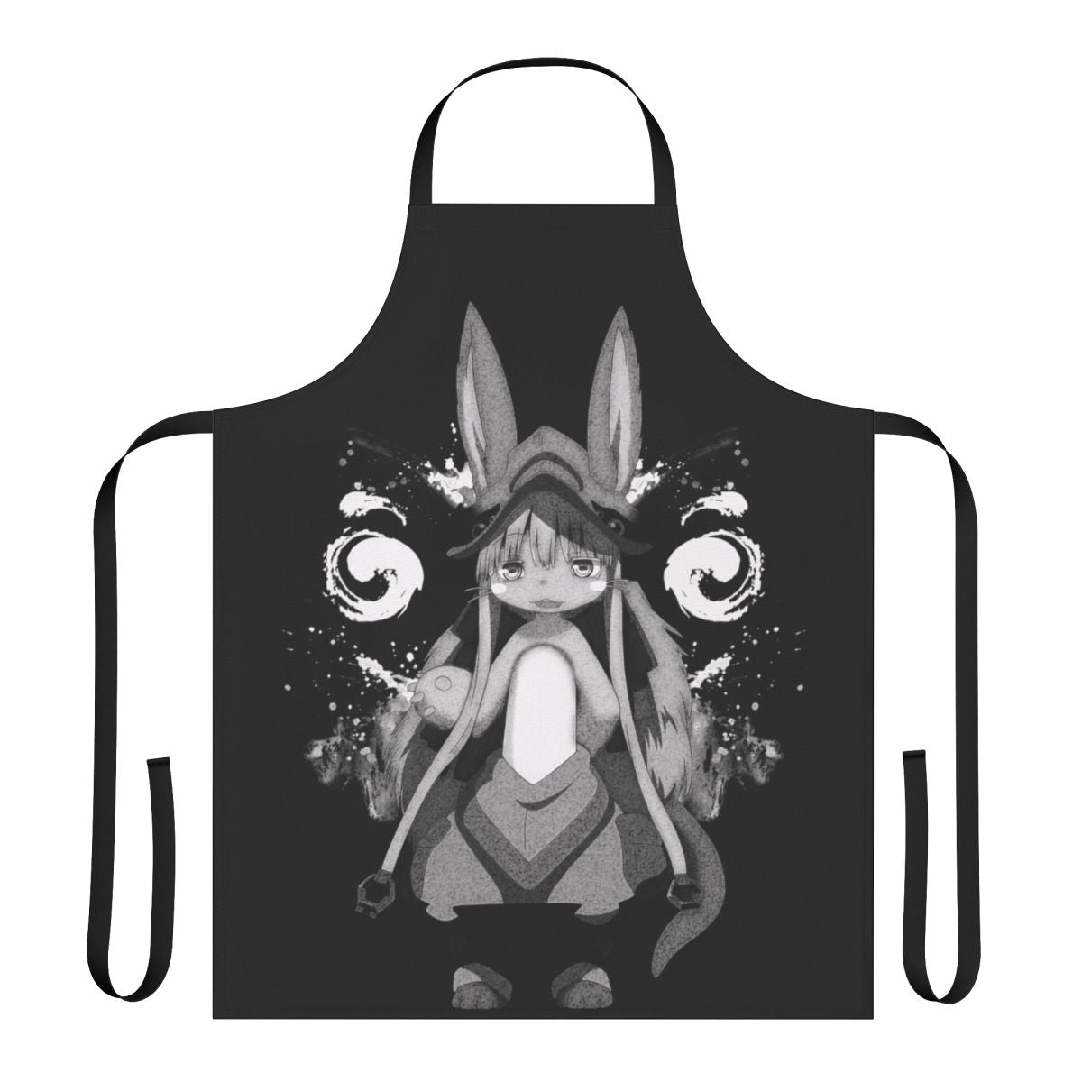 "Dark fantasy apron with anime-inspired monochrome design, featuring splatters, stains, and ink elements inspired by the 'Made in Abyss' series."