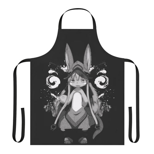 "Dark fantasy apron with anime-inspired monochrome design, featuring splatters, stains, and ink elements inspired by the 'Made in Abyss' series."