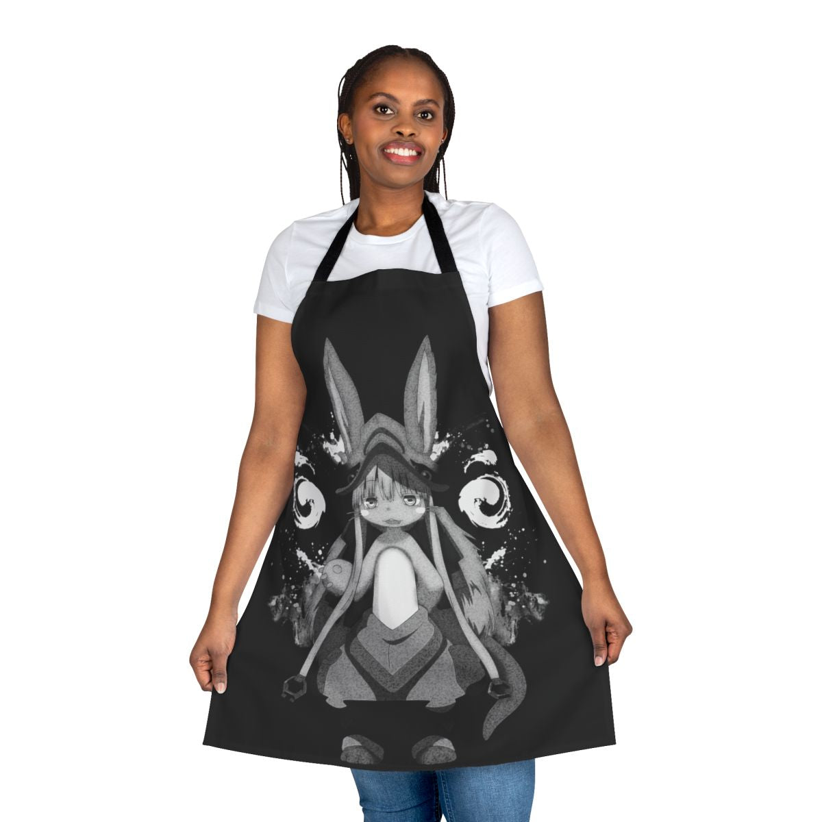 "Dark fantasy apron with anime-inspired monochrome design, featuring splatters, stains, and ink elements inspired by the 'Made in Abyss' series."