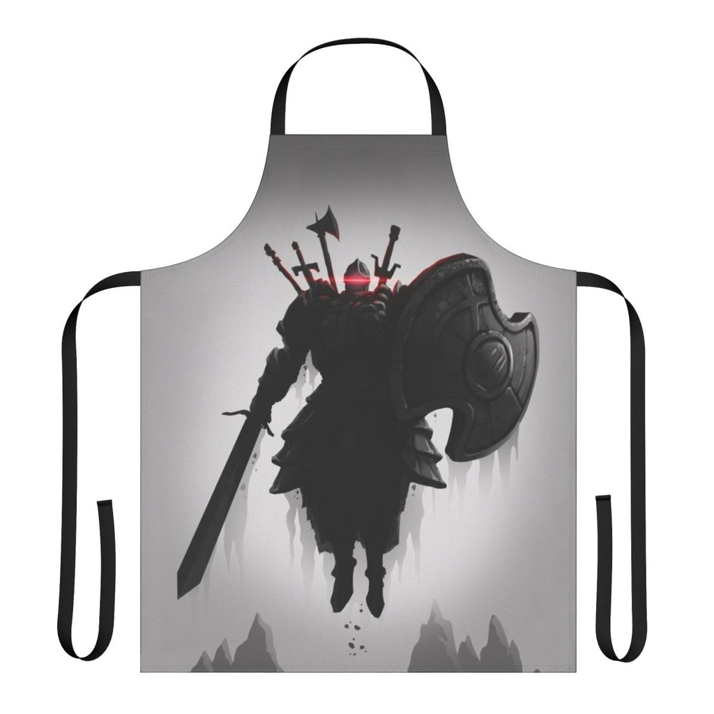 Dark fantasy-inspired apron with video game elements like the Sunbro symbol and Solaire of Astora