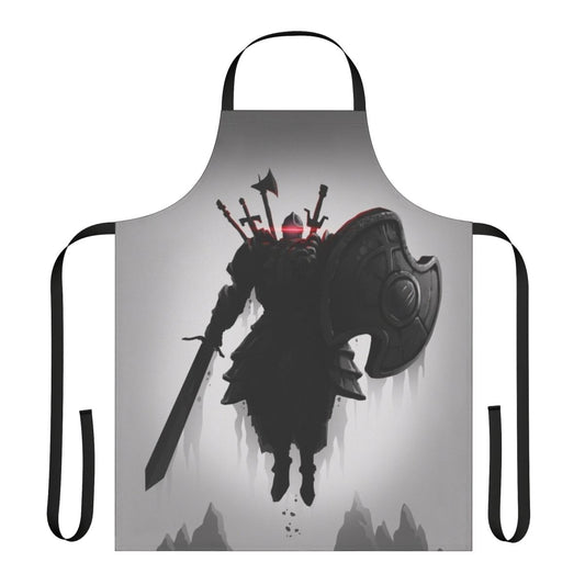 Dark fantasy-inspired apron with video game elements like the Sunbro symbol and Solaire of Astora