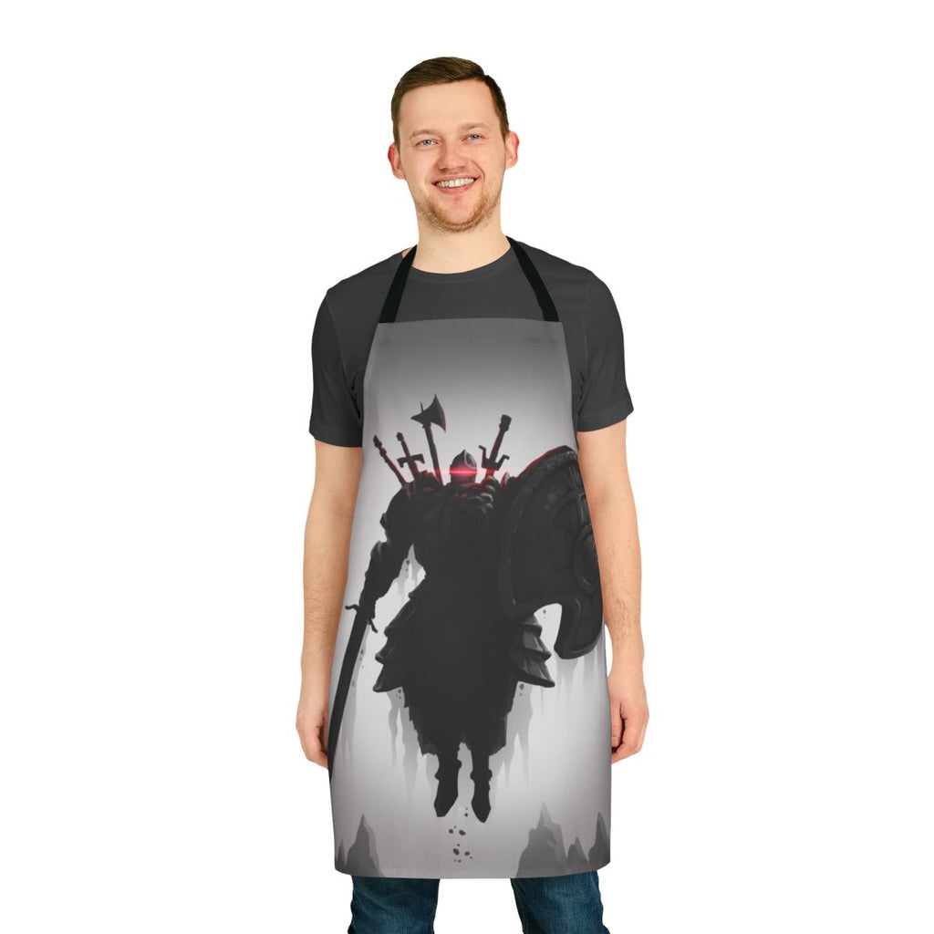 Dark fantasy-inspired apron with video game elements like the Sunbro symbol and Solaire of Astora