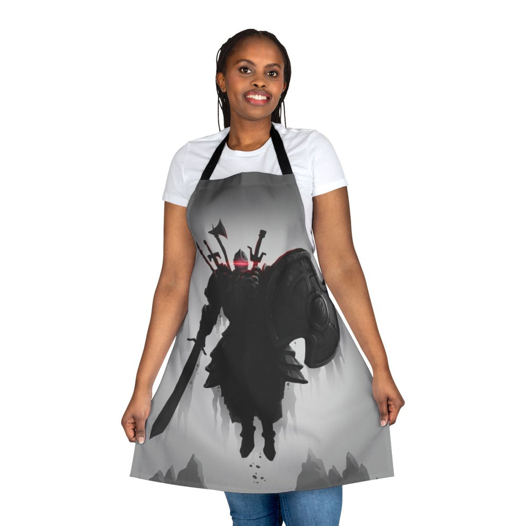 Dark fantasy-inspired apron with video game elements like the Sunbro symbol and Solaire of Astora