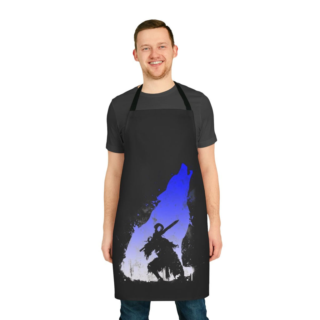 A high-quality apron featuring the design of "The Walker of Abyss" from the Dark Souls fantasy video game series.