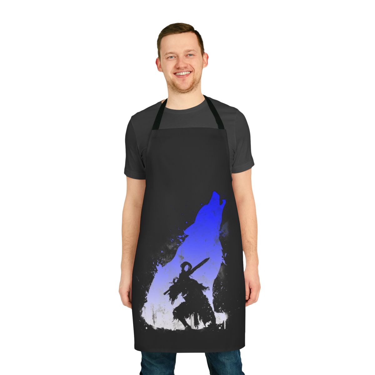 A high-quality apron featuring the design of "The Walker of Abyss" from the Dark Souls fantasy video game series.