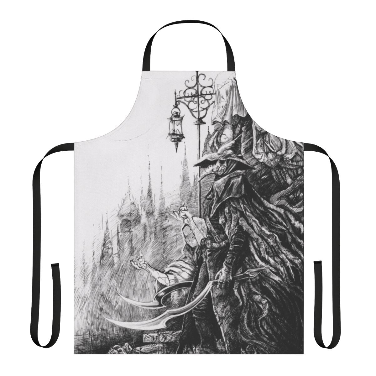 A high-quality apron featuring Eileen the Crow, a character from the Bloodborne video game.