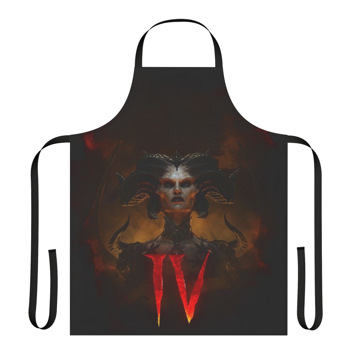 Dark fantasy-inspired Lilith apron, featuring demonic and occult imagery from the Diablo game series.