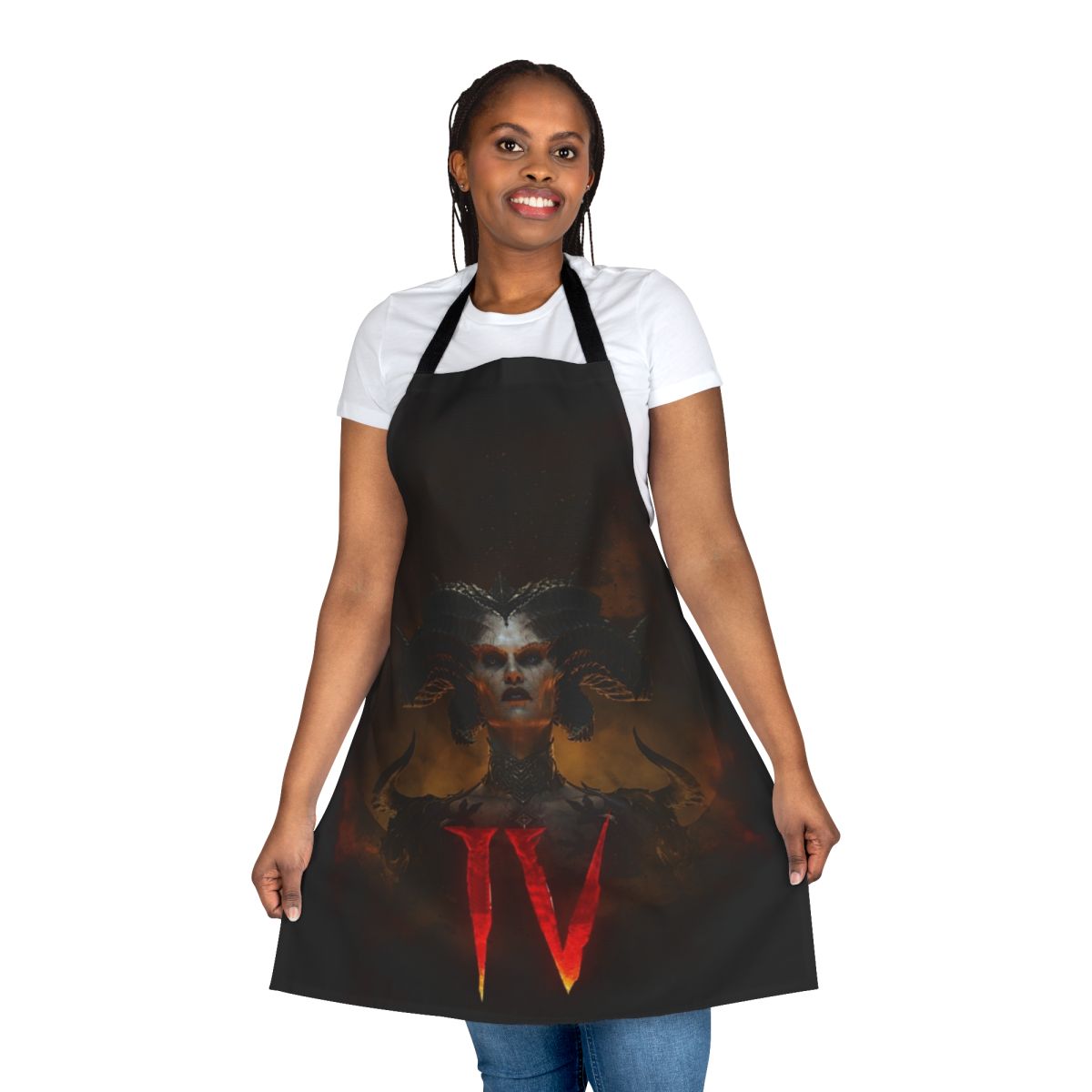 Dark fantasy-inspired Lilith apron, featuring demonic and occult imagery from the Diablo game series.