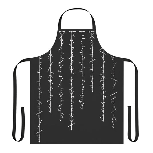 A black apron featuring a Phyrexian-inspired inscription, perfect for Magic the Gathering enthusiasts.