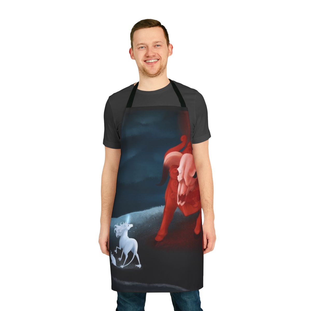 Dark unicorn graphic printed on a high-quality apron