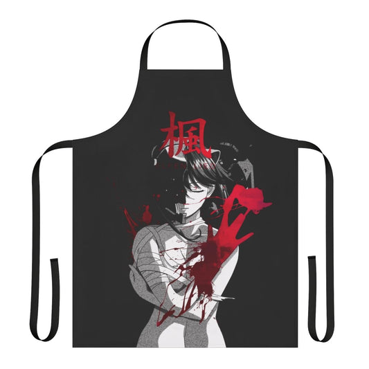 Dark monochrome apron with Japanese aesthetic and bloody/horror elements, perfect for cosplay or themed events