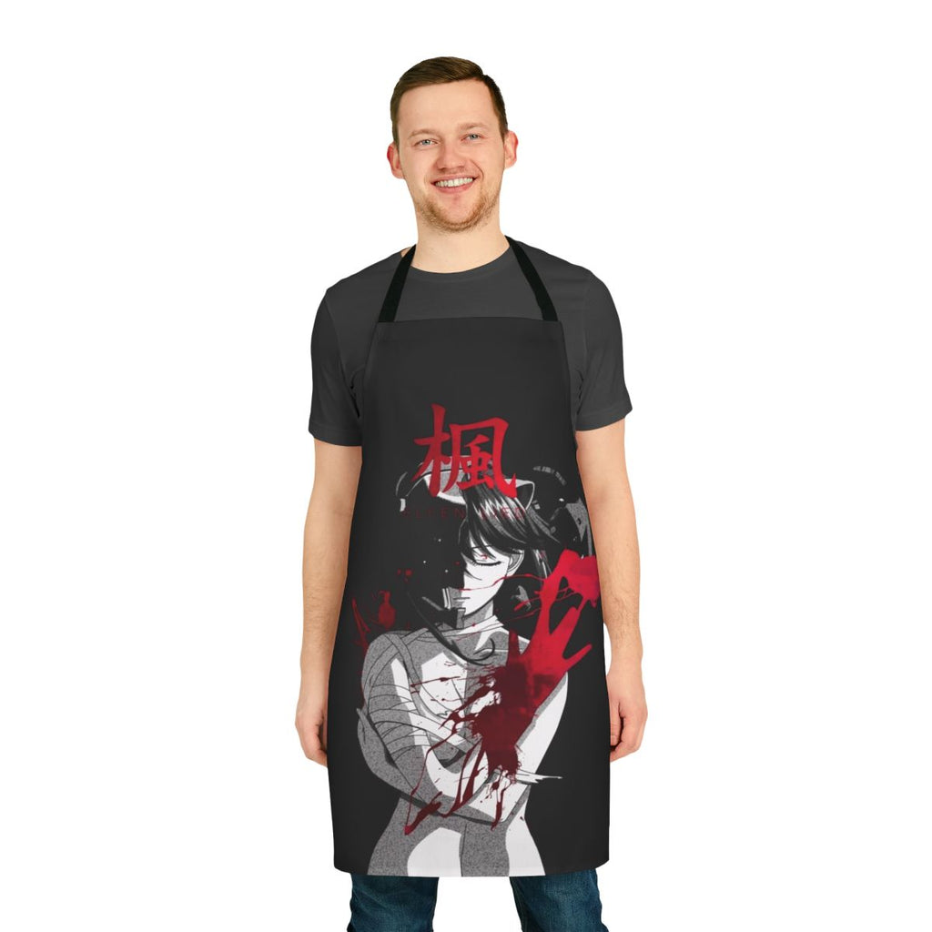 Dark monochrome apron with Japanese aesthetic and bloody/horror elements, perfect for cosplay or themed events