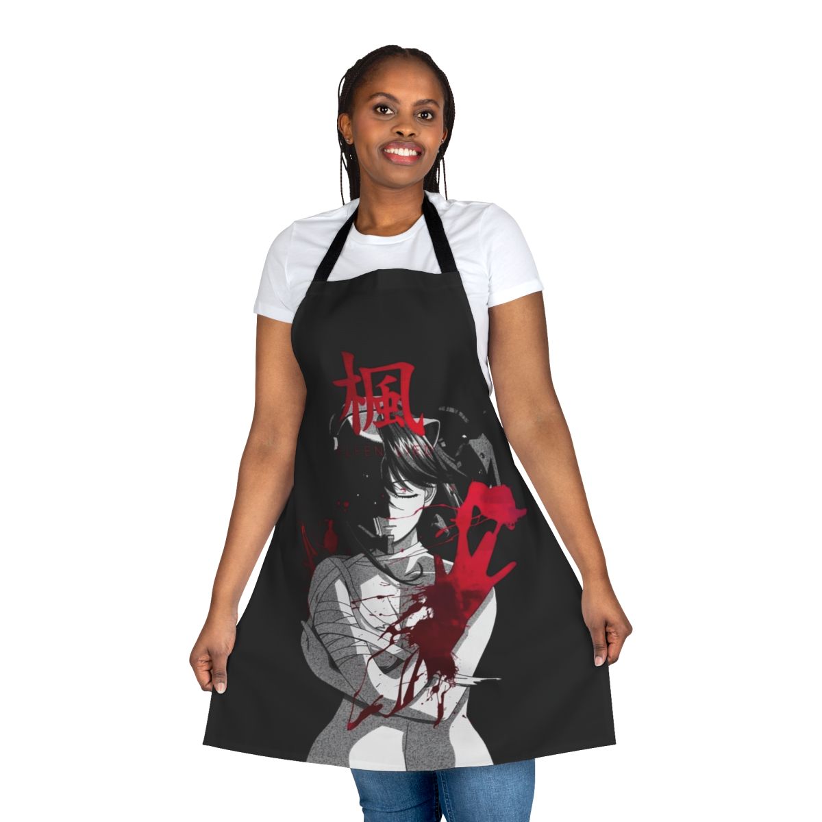 Dark monochrome apron with Japanese aesthetic and bloody/horror elements, perfect for cosplay or themed events