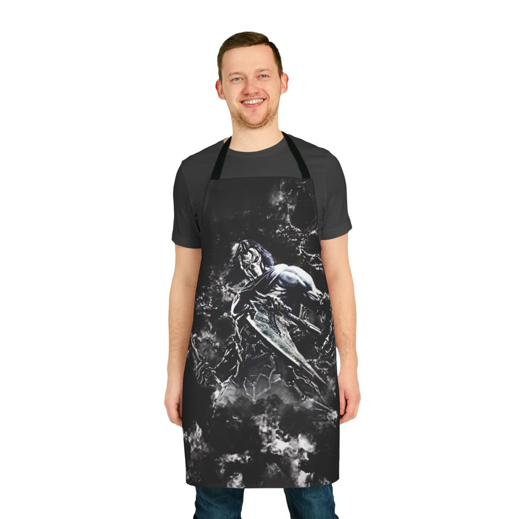 Dark, gothic, apocalyptic-themed apron with distressed, battle-worn design