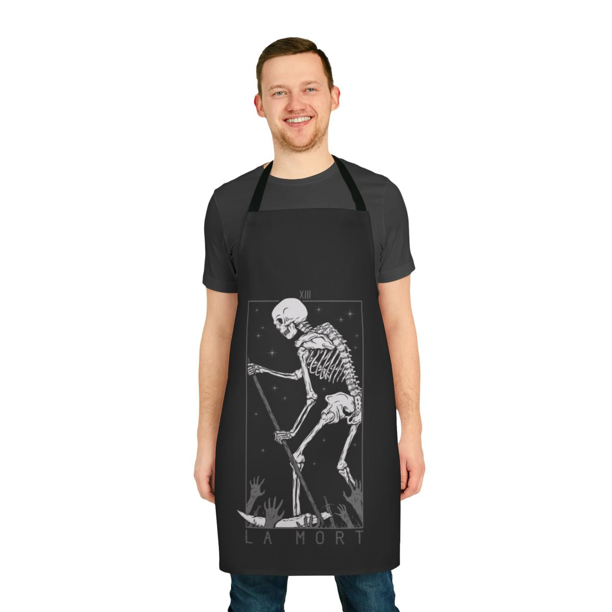 Dark gothic apron featuring a death tarot card design with a skull