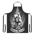 A black and white apron featuring a skull, skeleton, flowers, and the image of Santa Muerte, the Mexican folk saint.