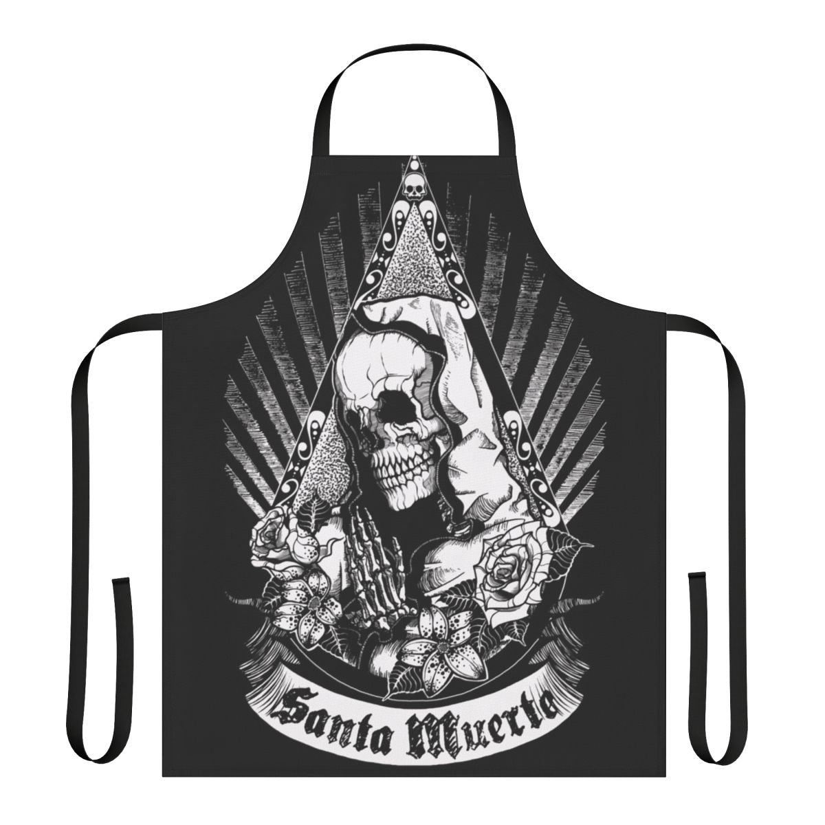 A black and white apron featuring a skull, skeleton, flowers, and the image of Santa Muerte, the Mexican folk saint.