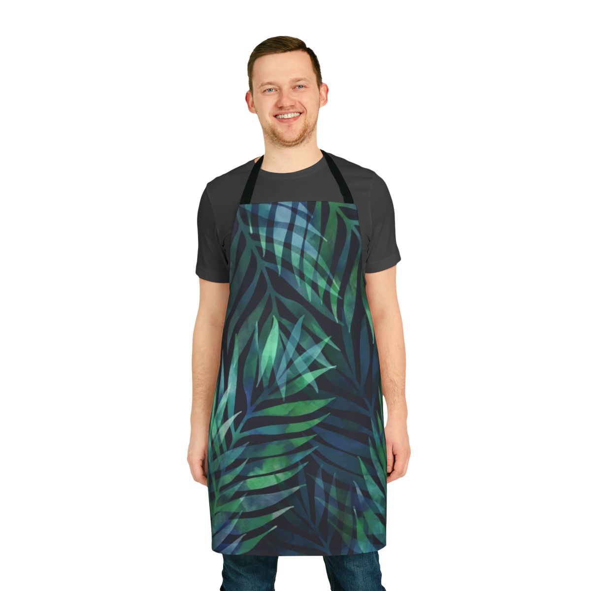Dark green watercolor palm leaves pattern on an apron