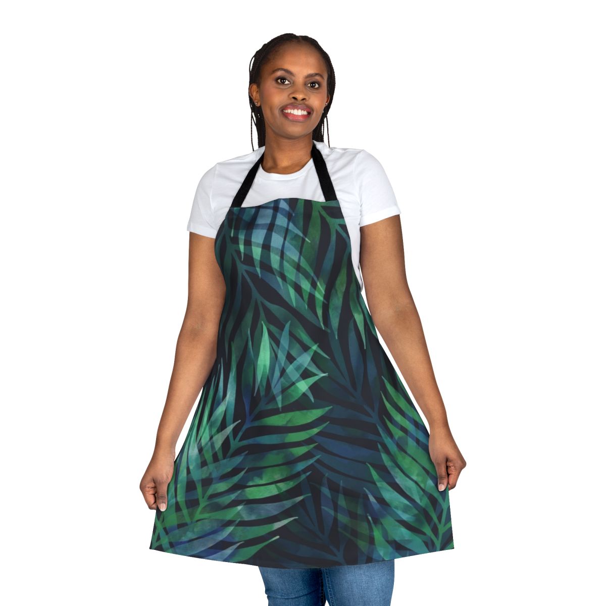 Dark green watercolor palm leaves pattern on an apron