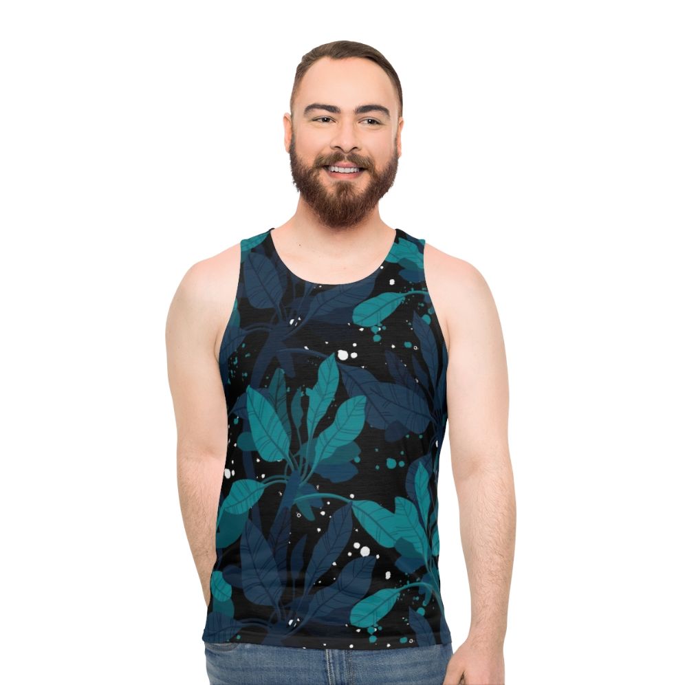 Dark green unisex tank top with tropical design