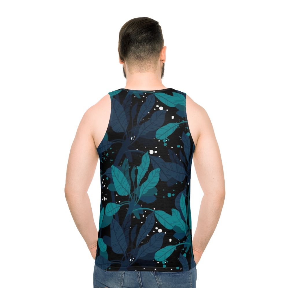 Dark green unisex tank top with tropical design