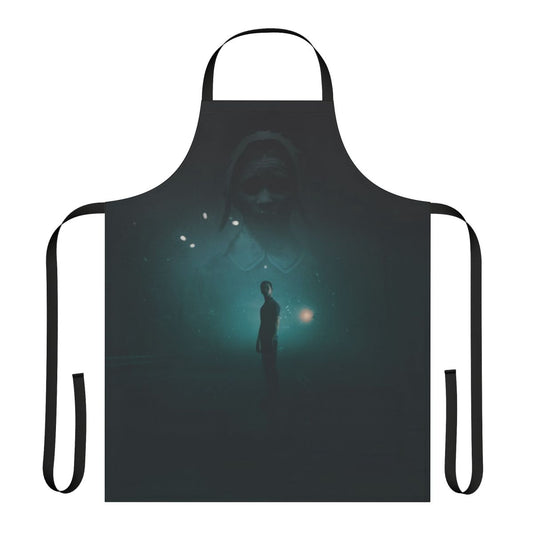 Dark, moody apron featuring the logo and branding from the horror game anthology "The Dark Pictures: Little Hope"