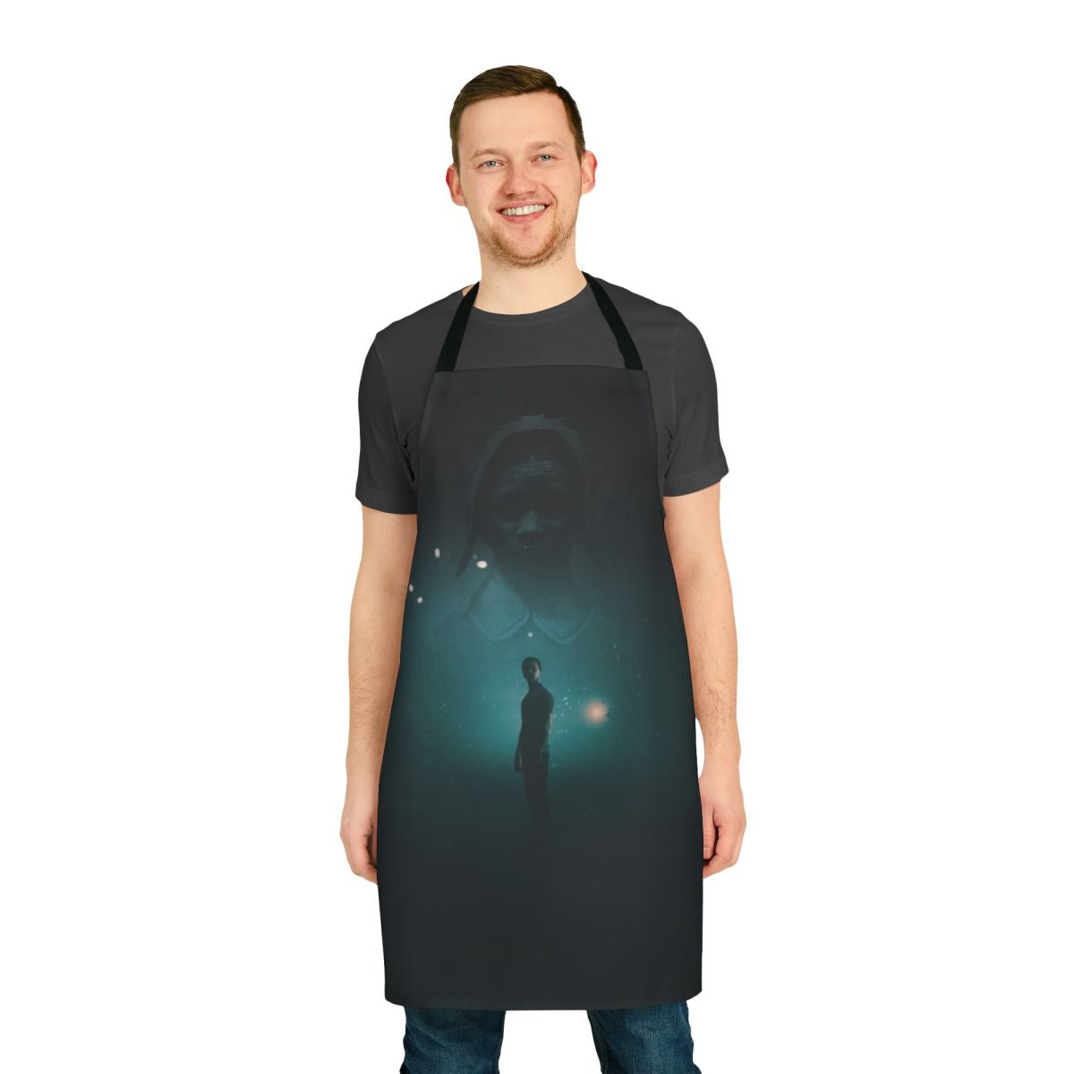 Dark, moody apron featuring the logo and branding from the horror game anthology "The Dark Pictures: Little Hope"