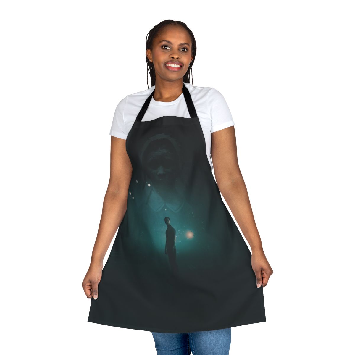 Dark, moody apron featuring the logo and branding from the horror game anthology "The Dark Pictures: Little Hope"