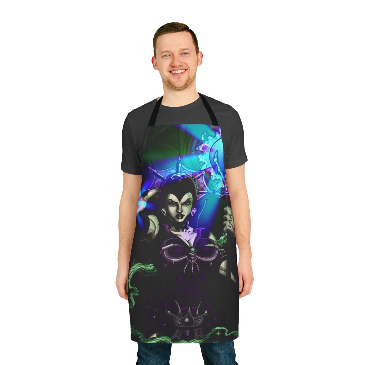 Dark Lyn inspired apron with villainous graphics and retro-style design