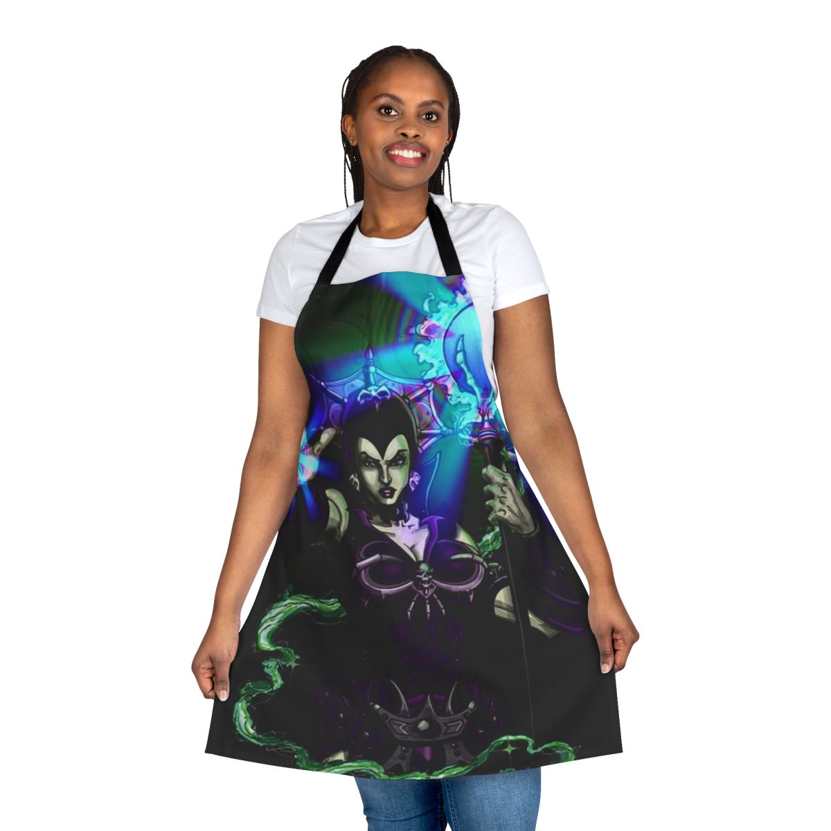 Dark Lyn inspired apron with villainous graphics and retro-style design