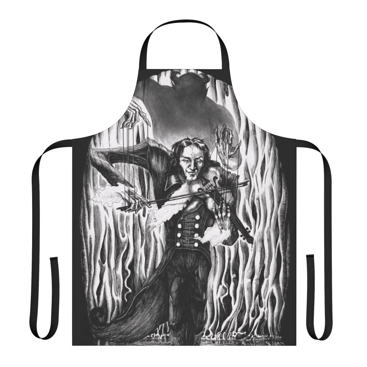 Dark apron featuring a gothic illustration of Niccolo Paganini, the famous classical music virtuoso and composer.