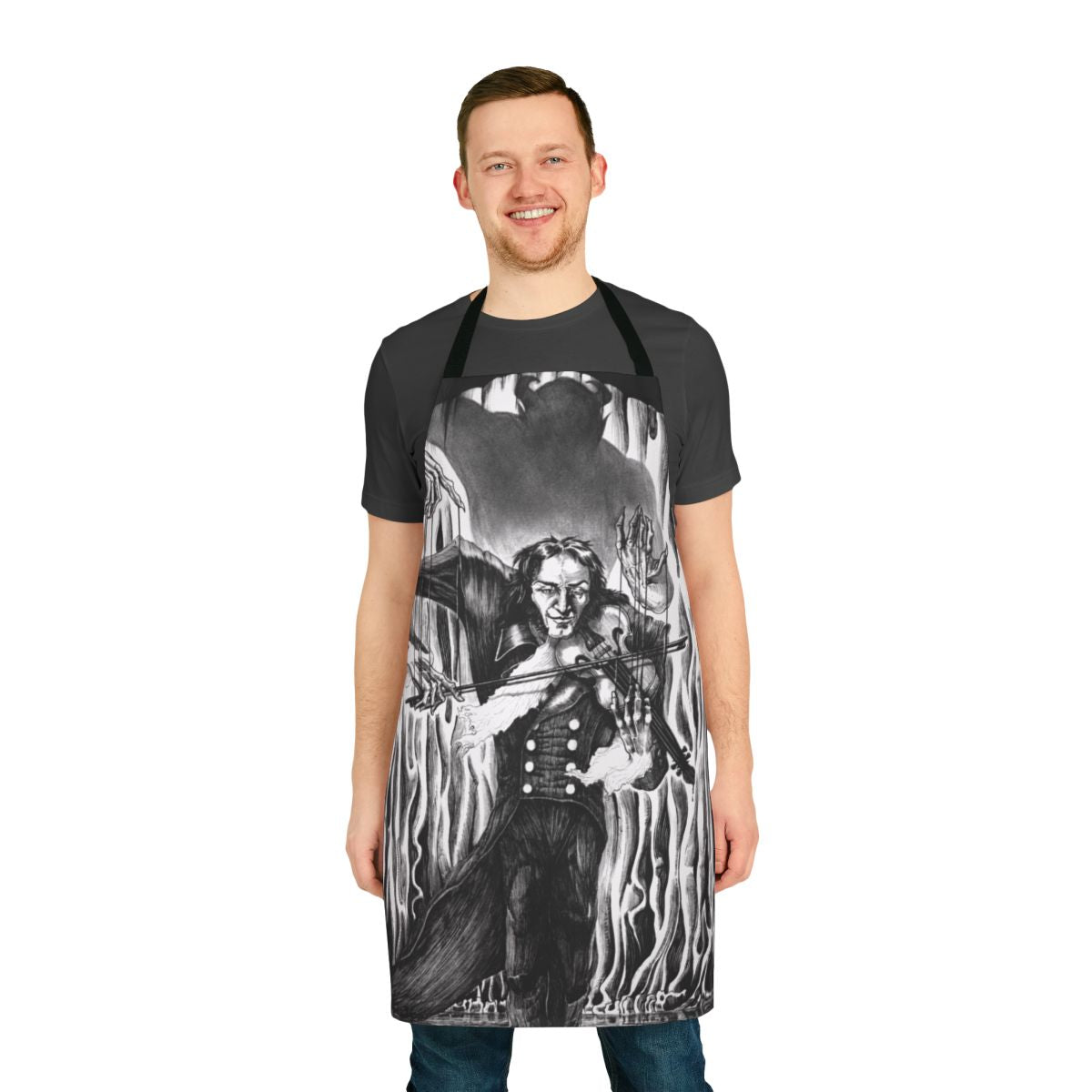 Dark apron featuring a gothic illustration of Niccolo Paganini, the famous classical music virtuoso and composer.
