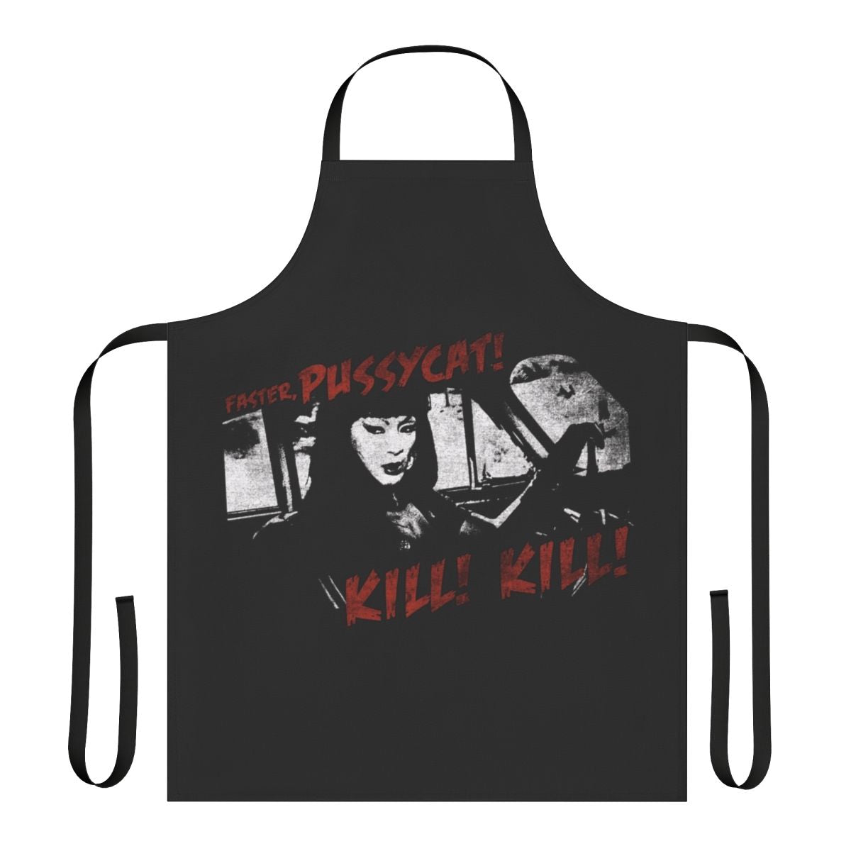 Dark pussycat-themed apron with horror movie and goth style graphics