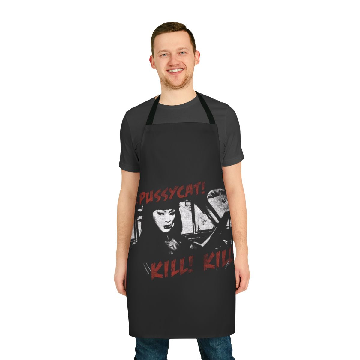 Dark pussycat-themed apron with horror movie and goth style graphics