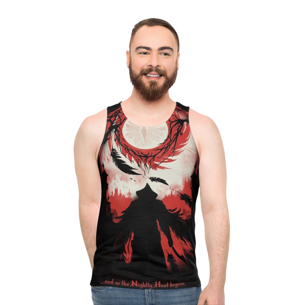Dark Souls and Bloodborne inspired unisex tank top with the text "And So The Nightly Hunt Begins"