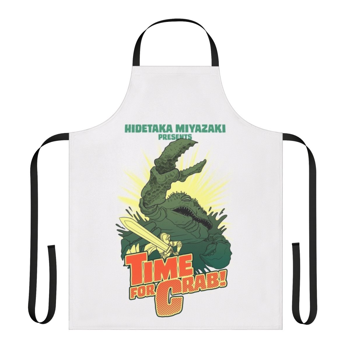 A black cooking apron with a crab design, inspired by the Dark Souls video game series.
