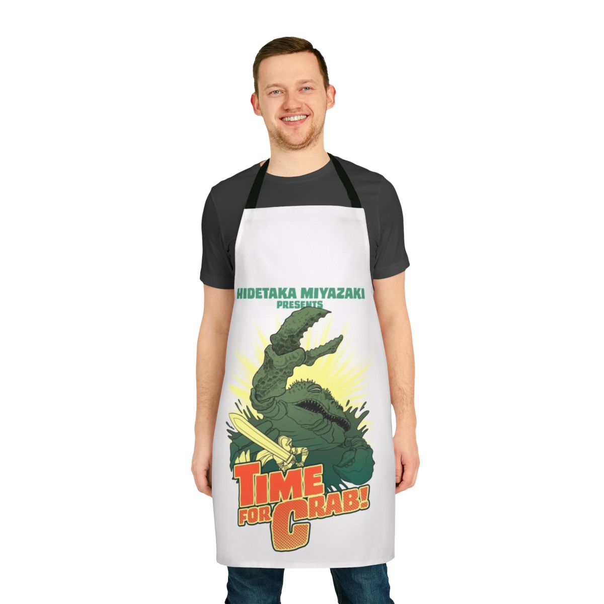 A black cooking apron with a crab design, inspired by the Dark Souls video game series.