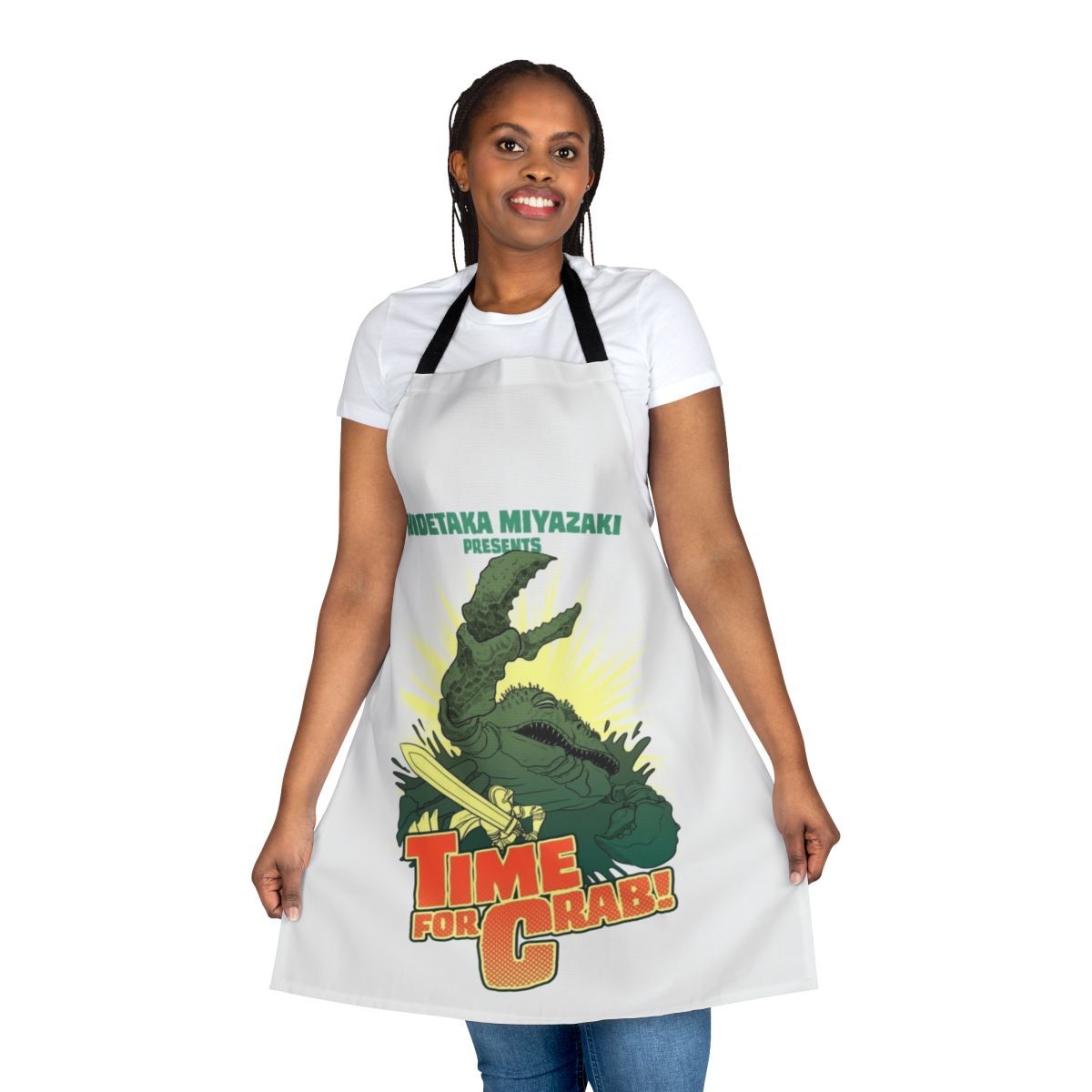 A black cooking apron with a crab design, inspired by the Dark Souls video game series.