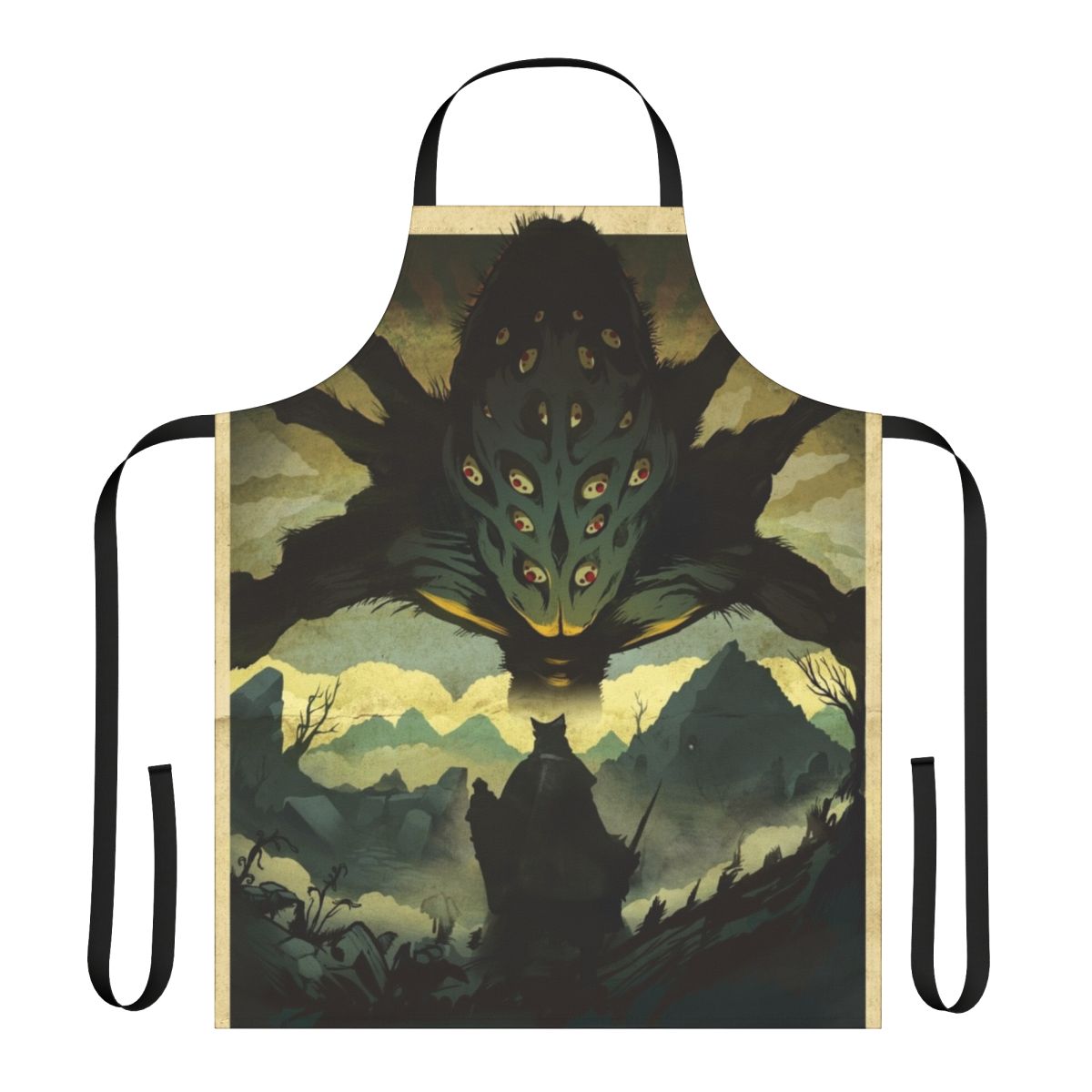 "Dark Souls-themed apron featuring the Amygdala boss from the Nightmare Frontier"