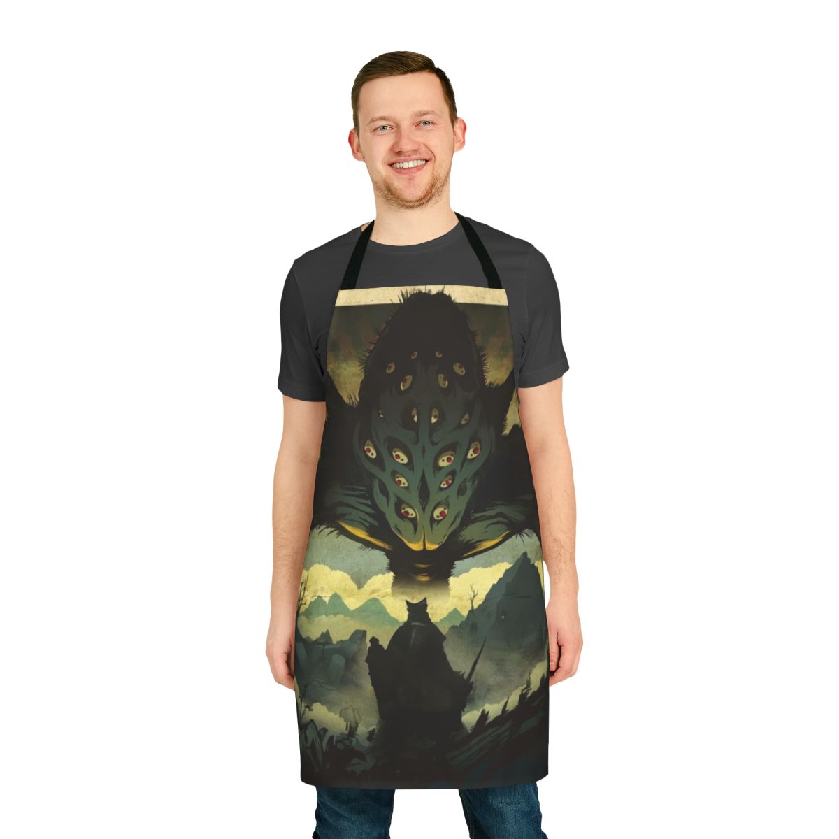 "Dark Souls-themed apron featuring the Amygdala boss from the Nightmare Frontier"