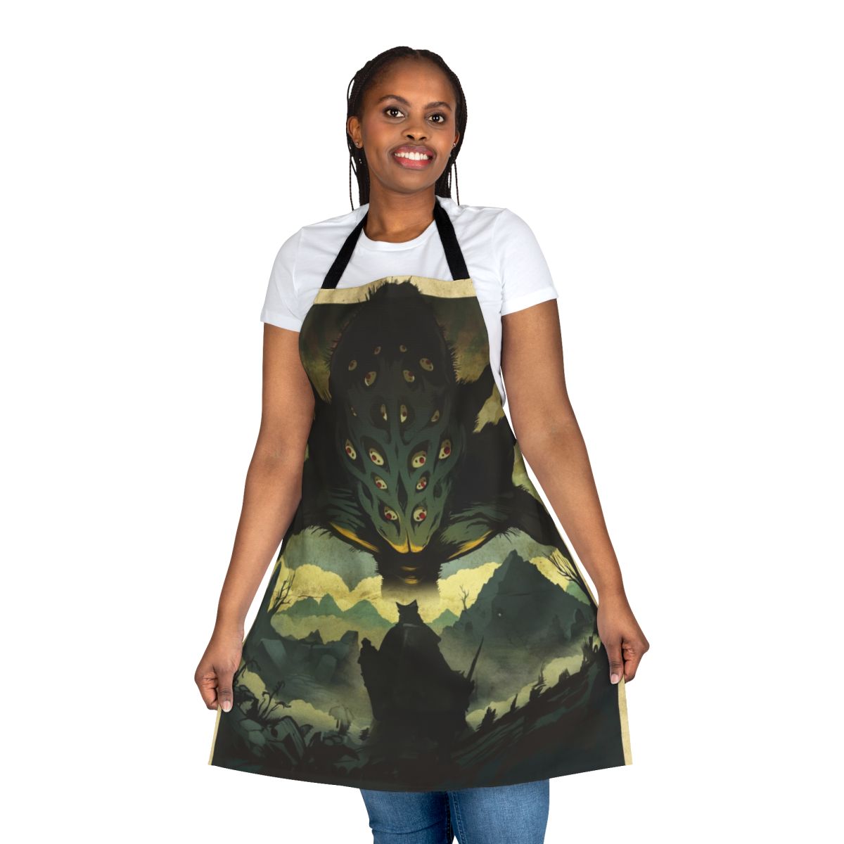 "Dark Souls-themed apron featuring the Amygdala boss from the Nightmare Frontier"