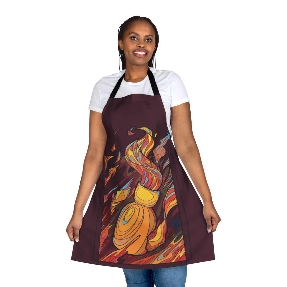 A stained glass-inspired apron featuring the ember of the bonfire from the Dark Souls video game series.