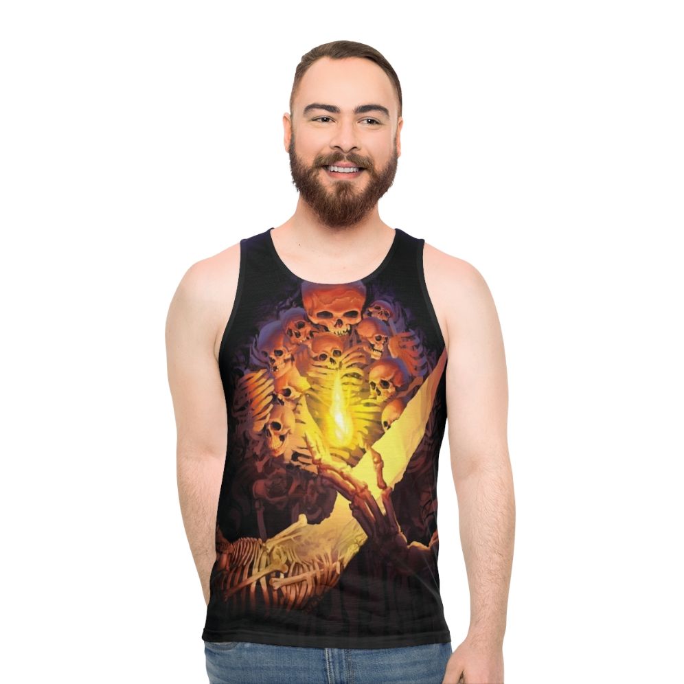Dark Souls inspired unisex tank top with a skull and skeleton design