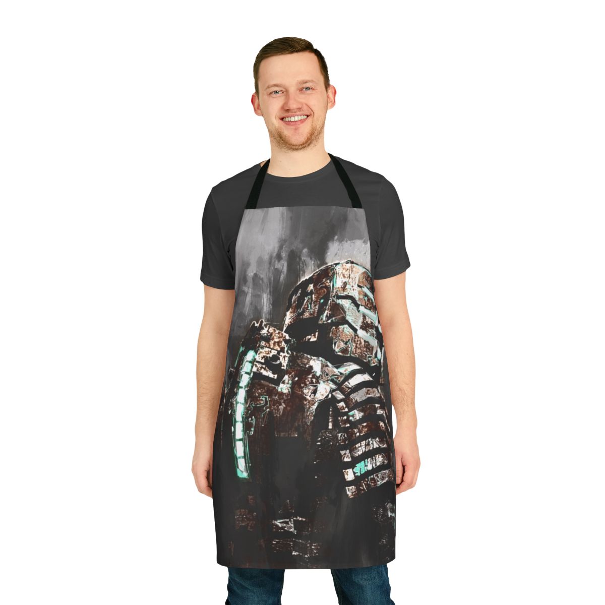 Dark space-themed apron with Isaac Clarke silhouette