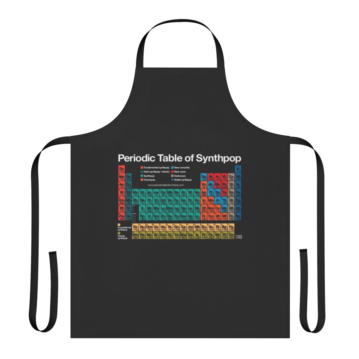 Dark background apron with periodic table of synthpop and electronic music genres