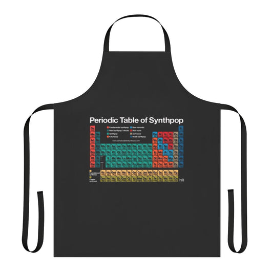 Dark background apron with periodic table of synthpop and electronic music genres