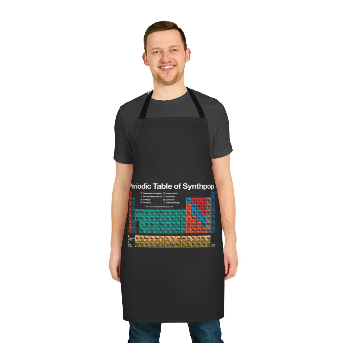 Dark background apron with periodic table of synthpop and electronic music genres