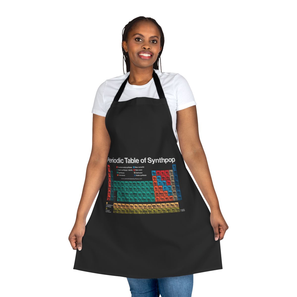 Dark background apron with periodic table of synthpop and electronic music genres