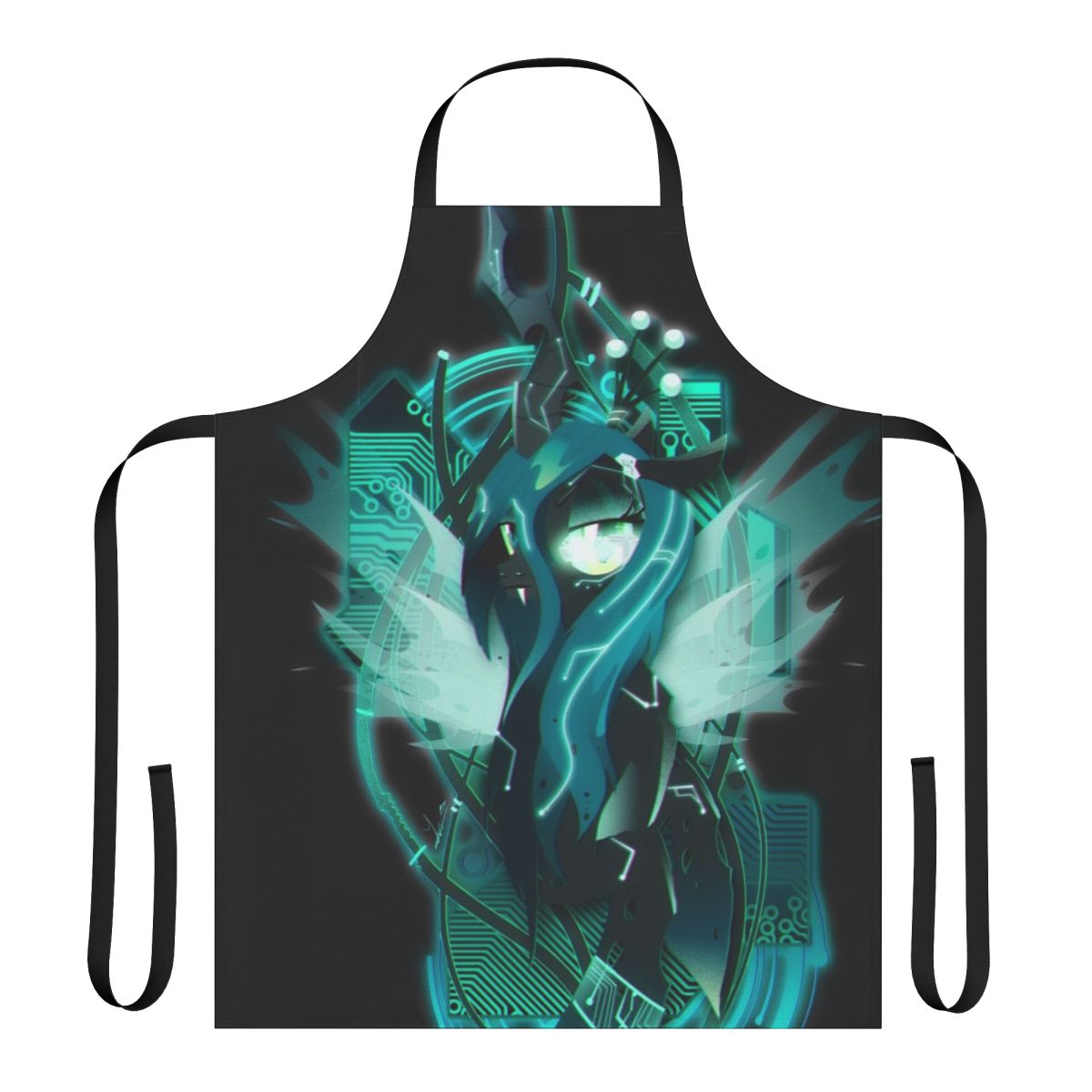 Dark synthwave cyberpunk-inspired apron featuring the changeling Queen Chrysalis from My Little Pony: Friendship is Magic