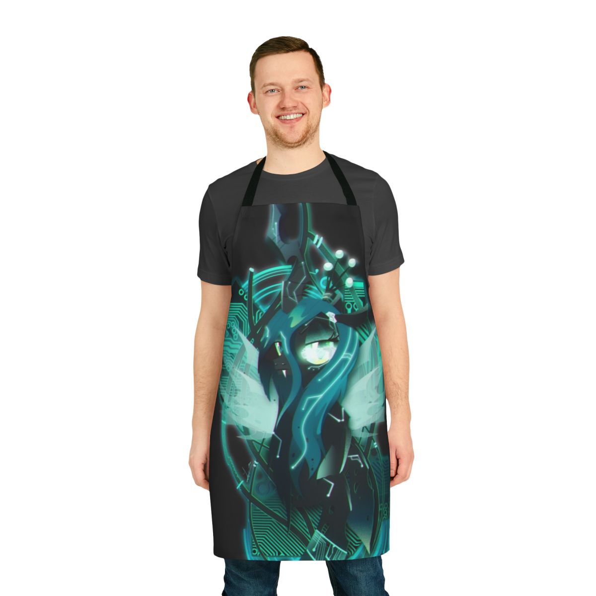 Dark synthwave cyberpunk-inspired apron featuring the changeling Queen Chrysalis from My Little Pony: Friendship is Magic